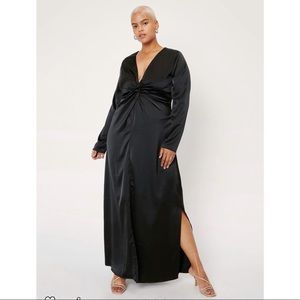 Plus size tie front black satin maxi